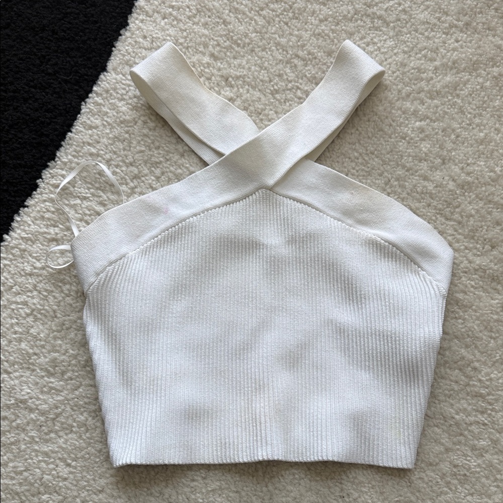 Babaton White Cross-Back Knit Crop